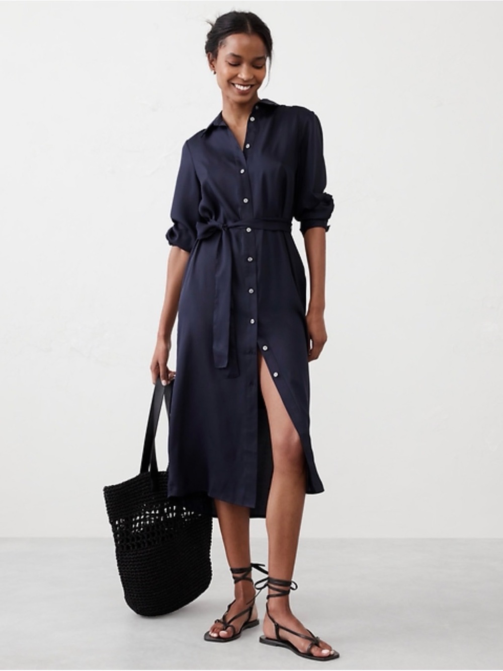 Banana Republic Navy Button-Front Midi Shirt Dress